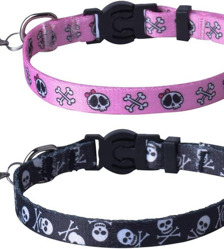 Breakaway Cat Collar with Bell Charm, 2 Packs Adjustable Kitty Collars Pink & Black Skull Pattern, 7.8-11.8 In