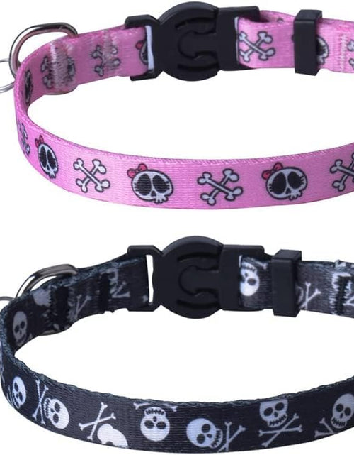 Load image into Gallery viewer, Breakaway Cat Collar with Bell Charm, 2 Packs Adjustable Kitty Collars Pink &amp; Black Skull Pattern, 7.8-11.8 In
