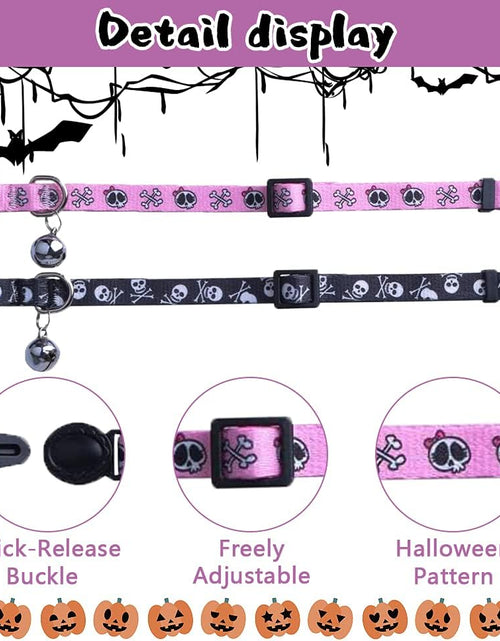 Load image into Gallery viewer, Breakaway Cat Collar with Bell Charm, 2 Packs Adjustable Kitty Collars Pink &amp; Black Skull Pattern, 7.8-11.8 In

