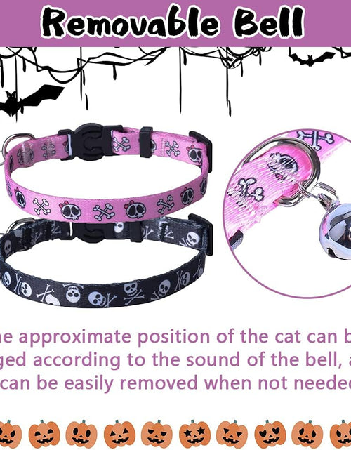 Load image into Gallery viewer, Breakaway Cat Collar with Bell Charm, 2 Packs Adjustable Kitty Collars Pink &amp; Black Skull Pattern, 7.8-11.8 In

