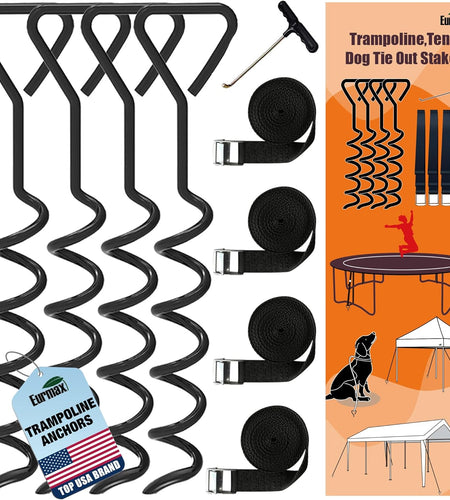 USA Trampoline Stakes Heavy Duty Trampoline Parts Corkscrew Shape Steel Stakes Anchor Kit with T Hook for Trampolines -Set of 4 Bonus 4 Strong Belt